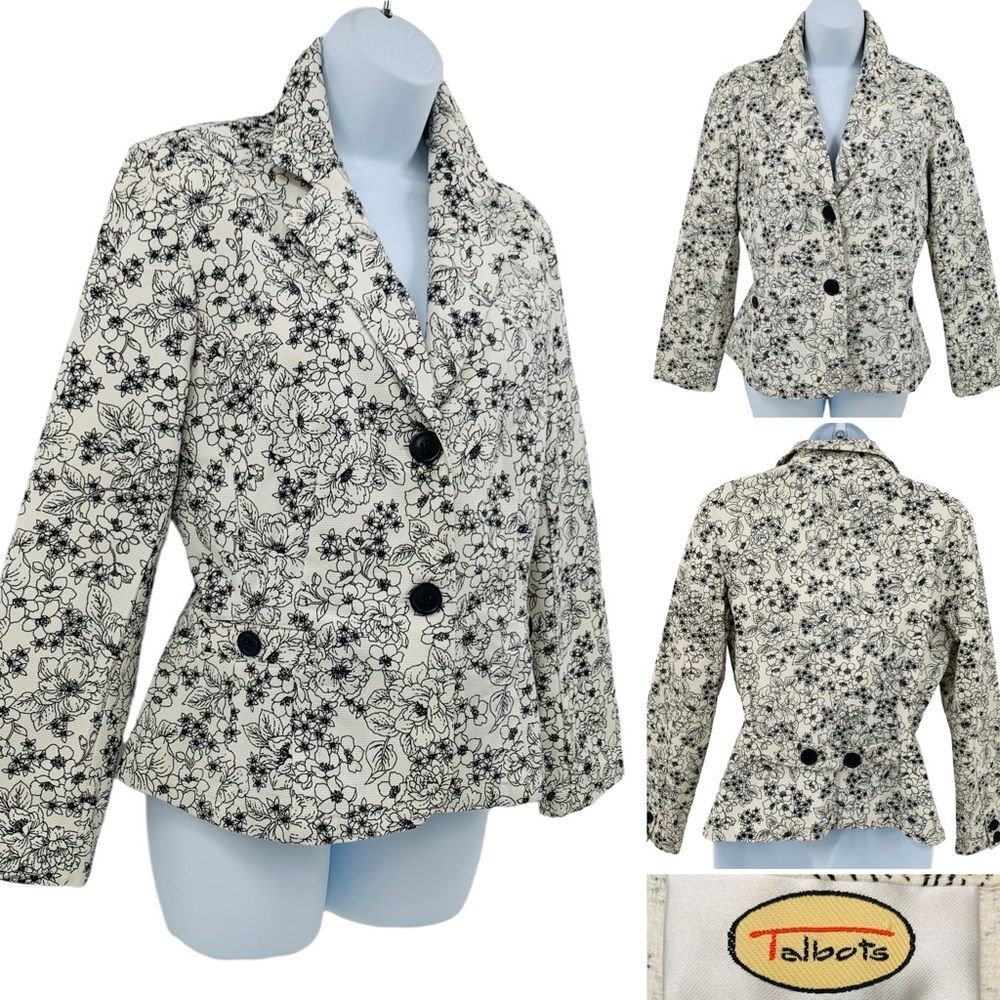 Talbots Black & White Floral Cotton Spandex Blazer Jacket Sz. 8 Vintage